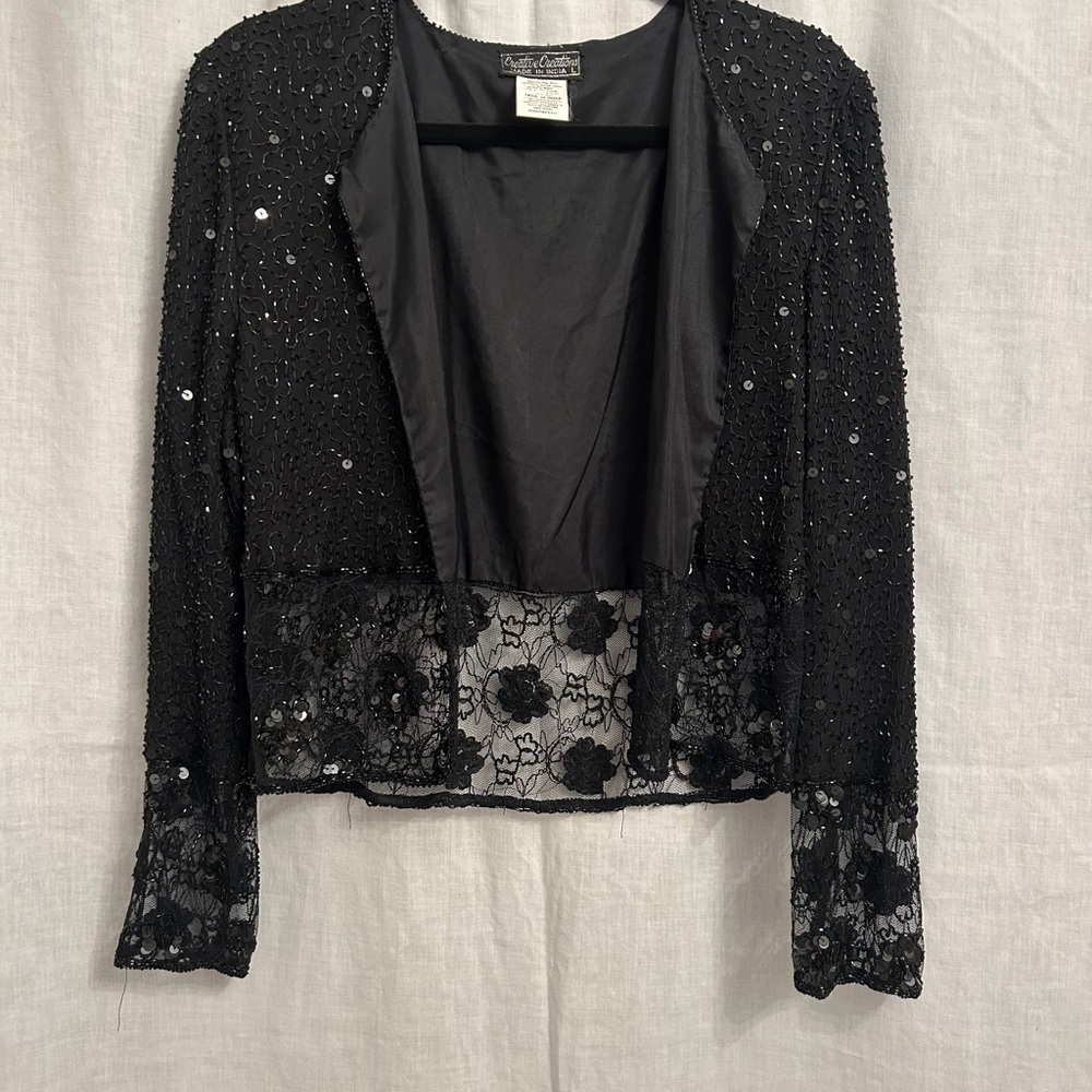 Chic Black Sequin Blazer with Lace Accents